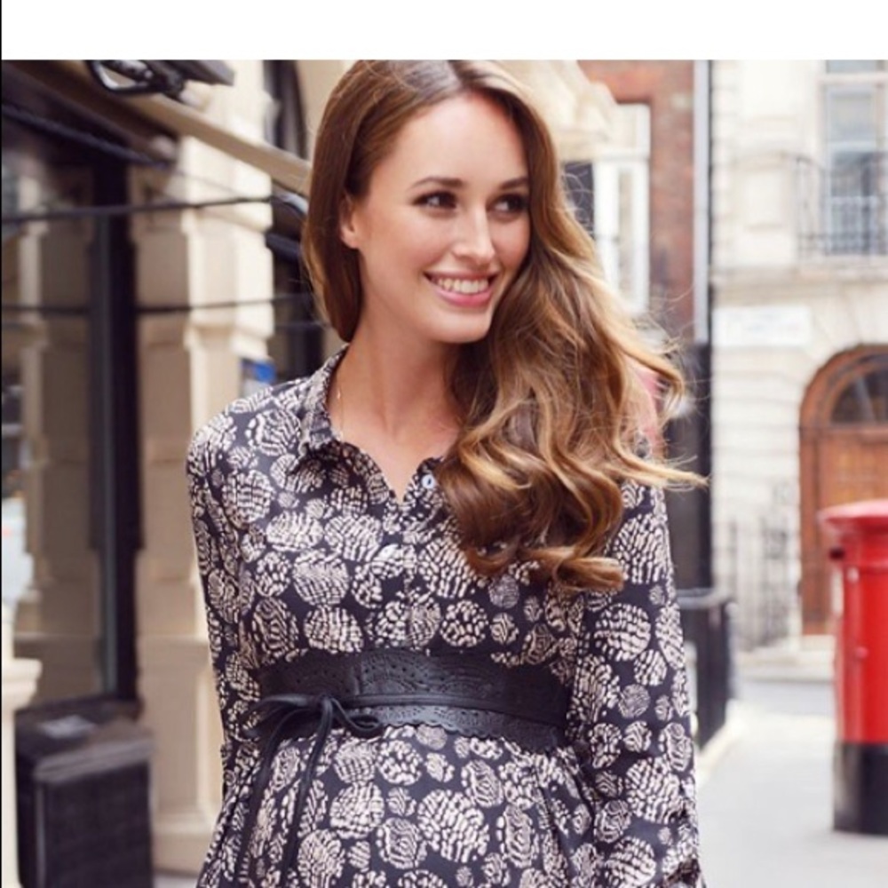 PRINTED WOVEN MATERNITY SHIRT DRESS w LEATHER BELT